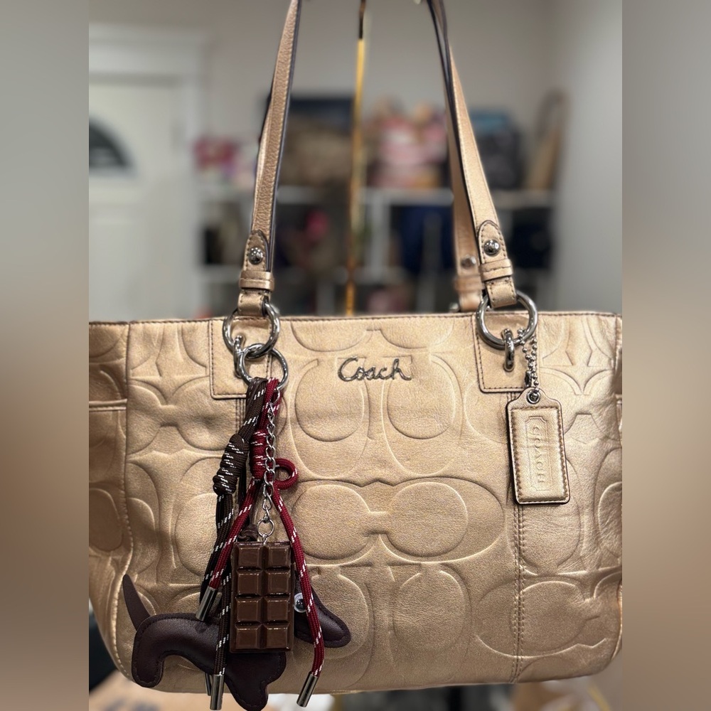 Coach Gold Metallic Leather Tote Bag #F17727 + Bag Charm